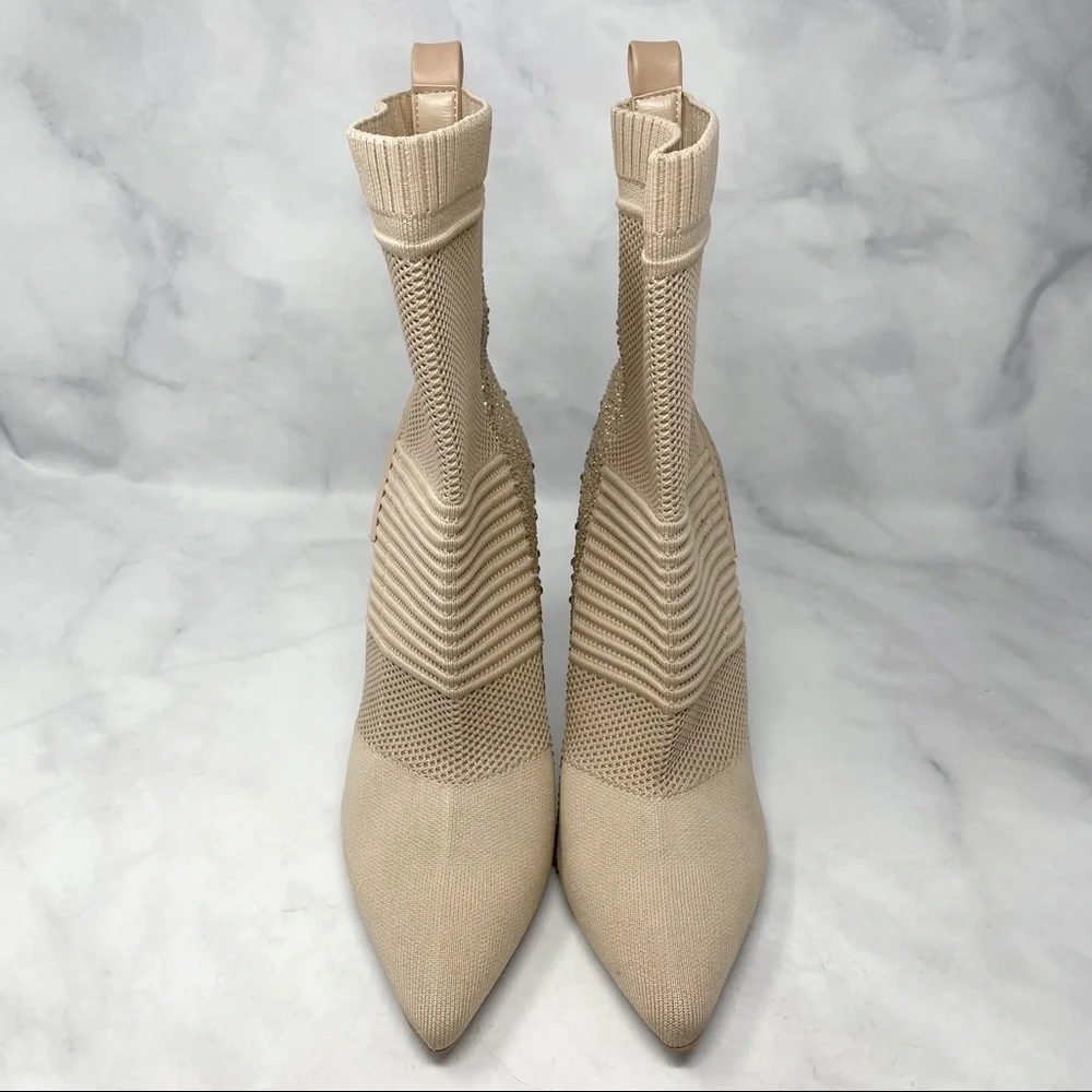 NEW Steve Madden Maxwelle Pointed Jeweled Bling Heeled Ankle Sock Booties Nude - Picture 6 of 11